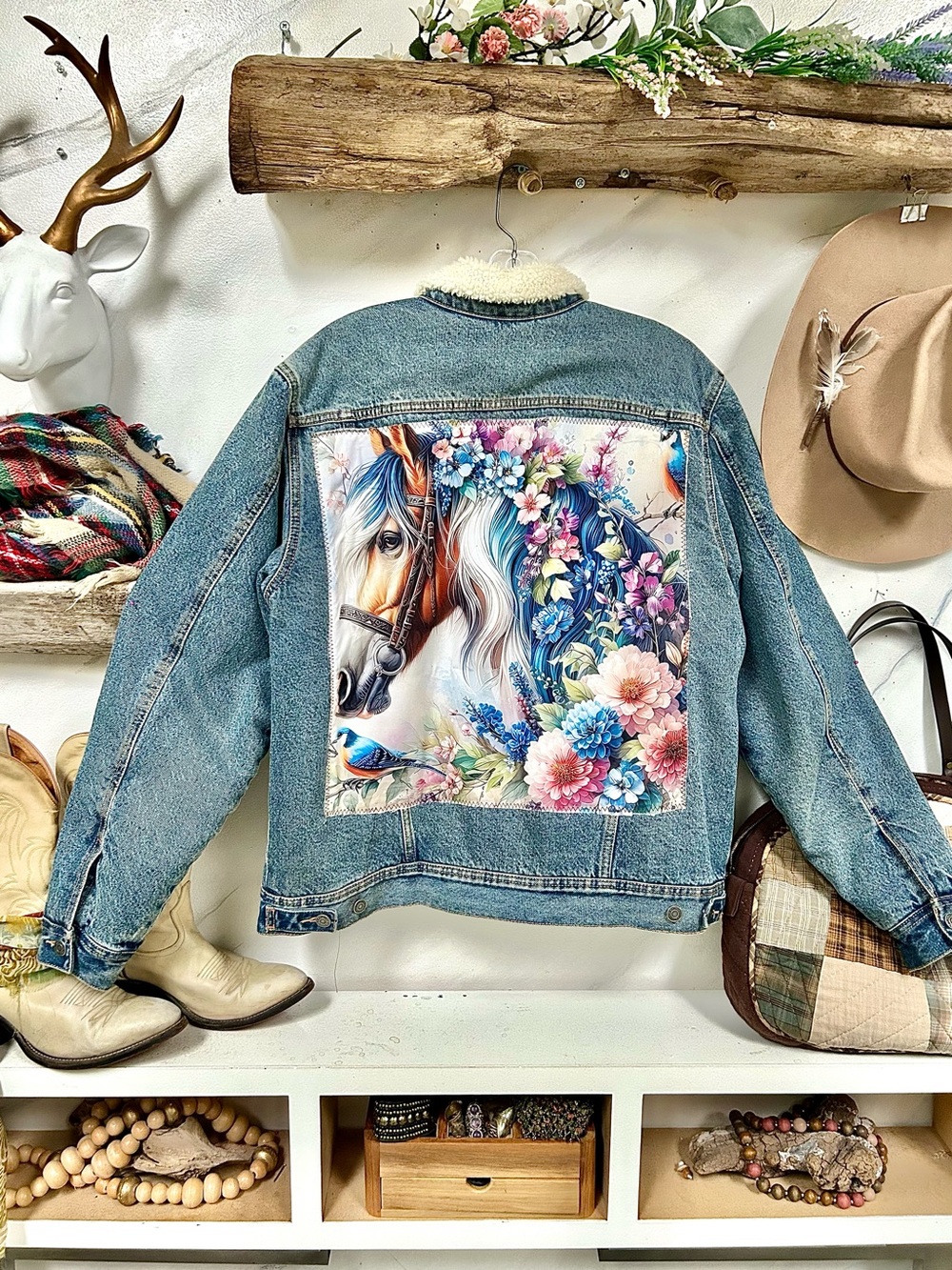 Rare HORSE upcycled back accent on Denim boho Jacket floral farmhouse vibe